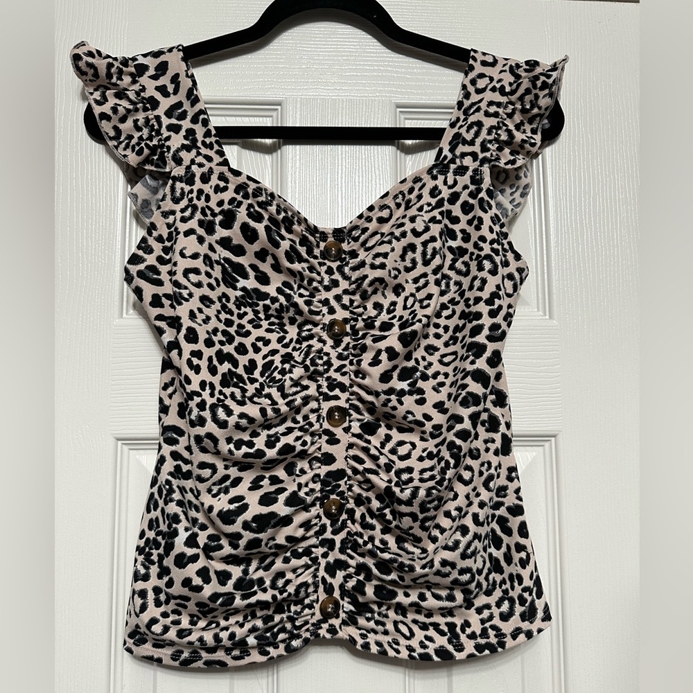 Daisy May Leopard Tank with Buttons and Ruffles